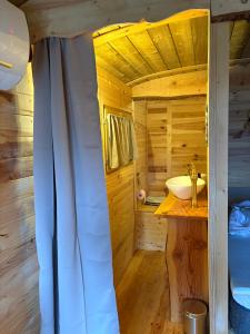 a bathroom with a sink in a log cabin at Chicken roulotte des 3 cèdres in Cavaillon