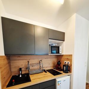 eine Küche mit Spüle und Mikrowelle in der Unterkunft Studio ALPHA - 3min by train to Disneyland OR 30min walk - 5min walk to "Val d'Europe" train station in Montévrain