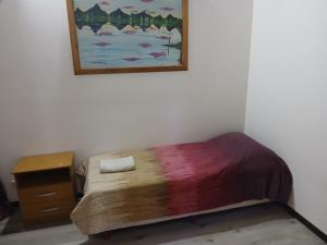 a bedroom with a bed and a painting on the wall at Altos de el bolson in El Bolsón