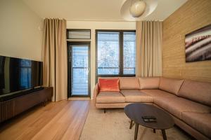 a living room with a couch and a flat screen tv at Levillas Lingonberry D26 in Levi