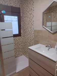 een badkamer met een wastafel en een spiegel bij La Casita in Tejadillos