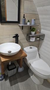 a bathroom with a white toilet and a sink at Tiny House in Trape