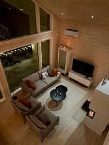 阿卡斯洛姆波罗Villa Iiris - Peaceful Lapland Villa Surrounded by Nature的客厅里有一张沙发和一台电视