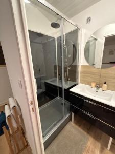 ein Badezimmer mit Glasdusche und Waschbecken in der Unterkunft Chez Carla in Sisteron