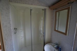 une salle de bain avec douche et lavabo dans l'établissement No16 Caravan, home from home, à Angus