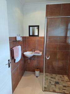 a bathroom with a sink and a shower at Flanders South Cottage in Gqeberha