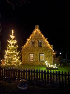 een kerstboom voor een huis met lichten bij Ut ânker fan de Jong in Hollum