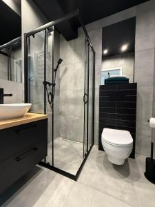 une salle de bains avec douche, toilettes et lavabo dans l'établissement Property Apart - Work & Stay Suites, à Wrocław