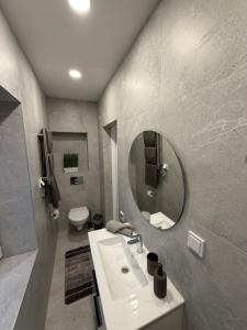 a bathroom with a sink and a mirror and a toilet at Žilina in Marijampolė