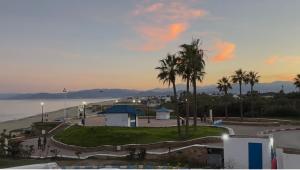 uitzicht op een park met palmbomen en een strand bij CHY dreams in Cabo Negro