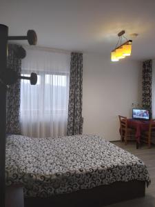 una camera con letto e finestra con scrivania di Pensiunea Drumul Voievozilor a Arefu