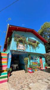 a store with a blue building with plants on it at Pousada Recanto Gramado in Gramado +26 photos