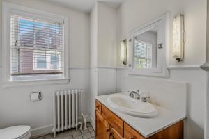 een badkamer met een wastafel, een toilet en een spiegel bij Aunt Bea's Bungalow - Pet Friendly - Hot Tub - Screen Porch - Wifi - Fenced Yard - King Bed - Town in Berkeley Springs +52 foto's