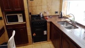 een keuken met een fornuis, een wastafel en een magnetron bij Hostel San Telmo in Buenos Aires