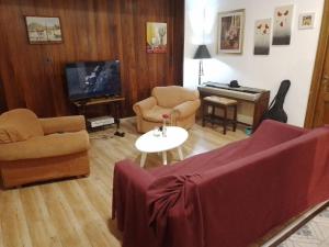 een woonkamer met een bank, een tafel en een piano bij Hostel San Telmo in Buenos Aires