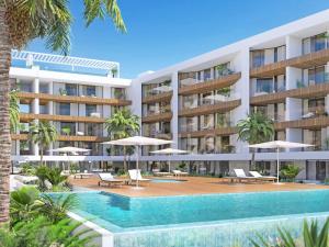 an exterior rendering of a hotel with a swimming pool at Prince Delmar Waterfront Olhao by Junto ao Mar in Olhão