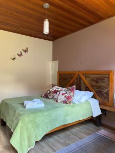 een slaapkamer met een groen bed en een houten hoofdeinde bij Pousada Sossego in Lavras Novas +19 foto's