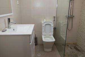 ein Badezimmer mit Toilette, Waschbecken und Dusche in der Unterkunft FADIAS Quartos - Rooms in Ribeira Grande