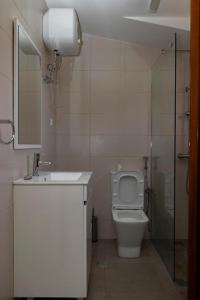 ein Badezimmer mit Toilette, Waschbecken und Dusche in der Unterkunft FADIAS Quartos - Rooms in Ribeira Grande