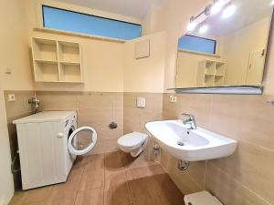 a bathroom with a sink and a toilet and a mirror at Ferienwohnung Seestern Suite im Haus Sonnensegler in Thiessow +14 photos