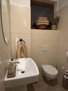 a bathroom with a white sink and a toilet at Chata pri lese,Liptov in Bobrovec +47 photos