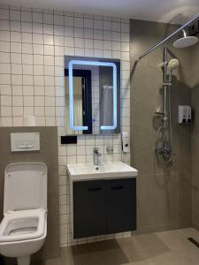 een badkamer met een wastafel, een toilet en een spiegel bij Pine Aparthotel in Shekhvetili