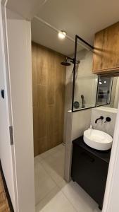 a bathroom with a sink and a shower at W Centrum in Piła