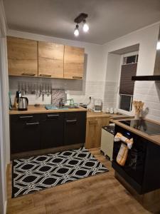 une cuisine avec des armoires noires et un four noir dans l'établissement Haus an der Dorfteichstraße, à Alt Krenzlin