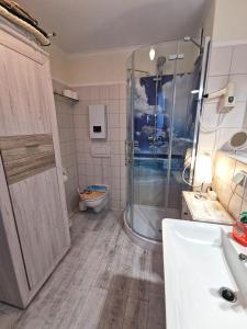 a bathroom with a shower and a toilet and a sink at ruhige 3-Raum-Wohnung "BODDENBLICK" mit Balkon und Terrasse in Zingst +14 photos