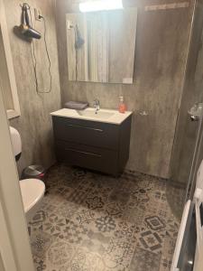 een badkamer met een wastafel en een douche bij Øse Camping in Gratangen