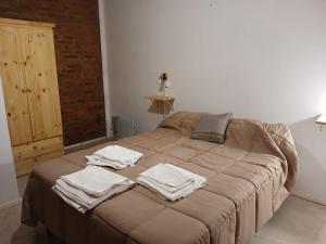 una camera da letto con un letto con asciugamani sopra di Departamentos de Campo Solar de las Chacras a Juana Koslay 
