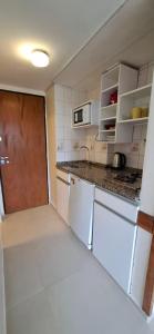 een keuken met witte apparatuur en een bruine deur bij El encanto del lago in Bariloche