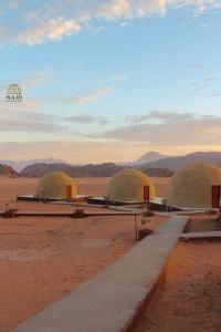 a group of three domes in the middle of a desert at Najd Luxury Camp in Wadi Rum +170 photos