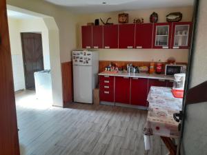 eine Küche mit roten Schränken und einem weißen Kühlschrank in der Unterkunft Cabana Lac in Sadu + 4 Fotos