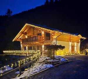 a house with christmas lights on the side of it at Nature Chalets Gader in Blatnica