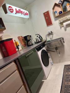 eine kleine Küche mit Herd und Spüle in der Unterkunft GETGYR Hostel in Holbæk