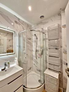 un bagno con doccia e lavandino di Apartament BLISKO SZLAKU a Boguszów-Gorce