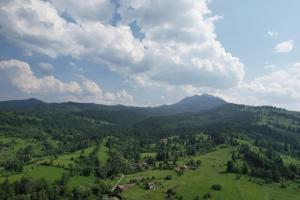 una vista aerea di una valle verdeggiante con montagne di Căsuța Bunicilor de la Munte a Ceahlău Altre 42 foto