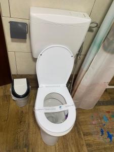 a bathroom with a white toilet in a room at Căsuța Bunicilor de la Munte in Ceahlău