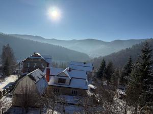 een huis met sneeuw op het dak in de bergen bij Sadyba Zavitaiko in Jaremtsje