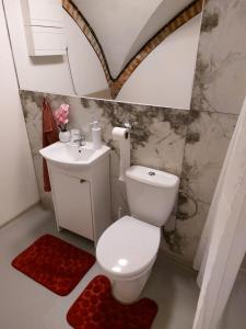 a bathroom with a white toilet and a sink at Ubytovanie Čadca in Čadca