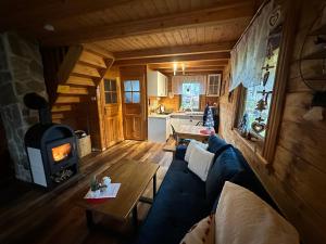 een woonkamer met een blauwe bank en een houtkachel bij Domek Mateo in Wambierzyce