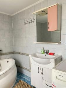 a bathroom with a sink and a toilet and a mirror at TaVa House 1 in Yaremche +21 photos