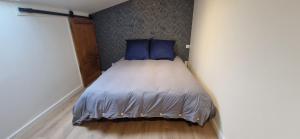 a bed with blue pillows in a small room at Gîte de Dedette in La Grise