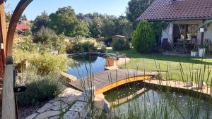 a backyard with a pond with a wooden bridge at Landhaus Nadine in Kolonie Roeske