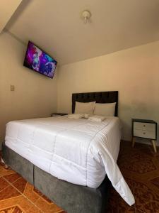 une chambre avec un grand lit blanc dans une pièce dans l'établissement Hostal Mónaco, à Machu Picchu 2 autres photos