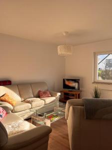 a living room with two couches and a tv at Ferienwohnung Wolfsgarten in Rauschenberg +15 photos