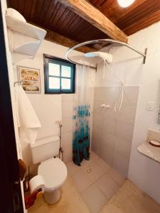 ein Badezimmer mit Toilette und Dusche in der Unterkunft Janaína Picinguaba in Ubatuba