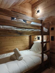 una camera da letto con due letti a castello in una cabina di Les 2 Chalets Alpins a Saint-Michel-de-Chaillol