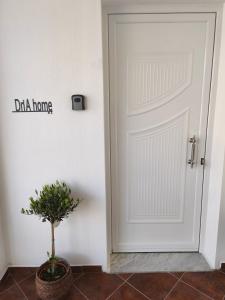 una porta bianca con una pianta davanti di Dn'A home by the lake a Anatolí